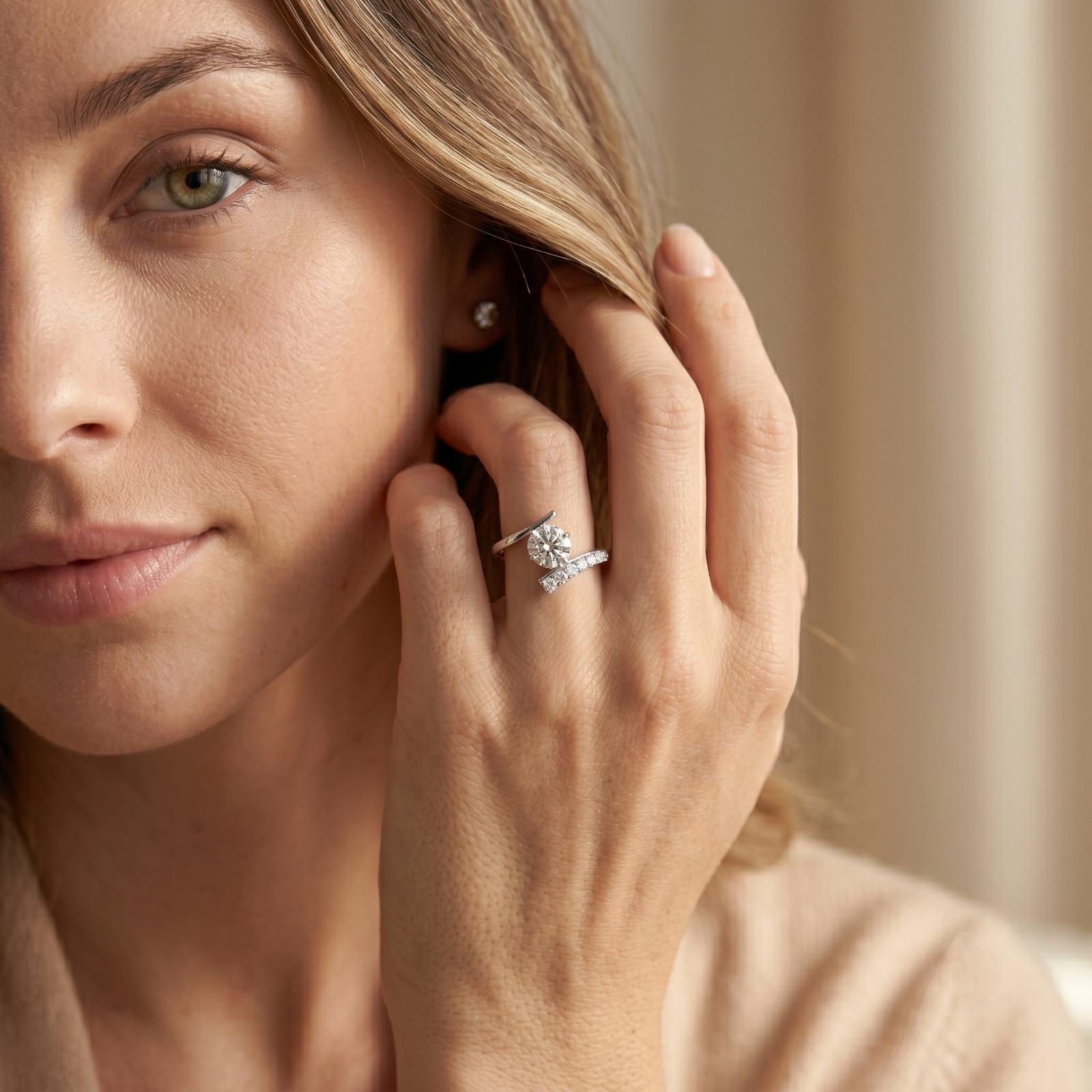Round Cut CZ Engagement Ring, Cubic Zirconia Solitaire Ring, Bypass Promise Ring