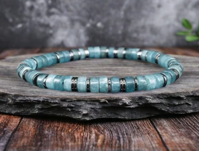 Natural Aquamarine Hematite Beaded Crystal Healing Reiki Stretch Women Bracelet