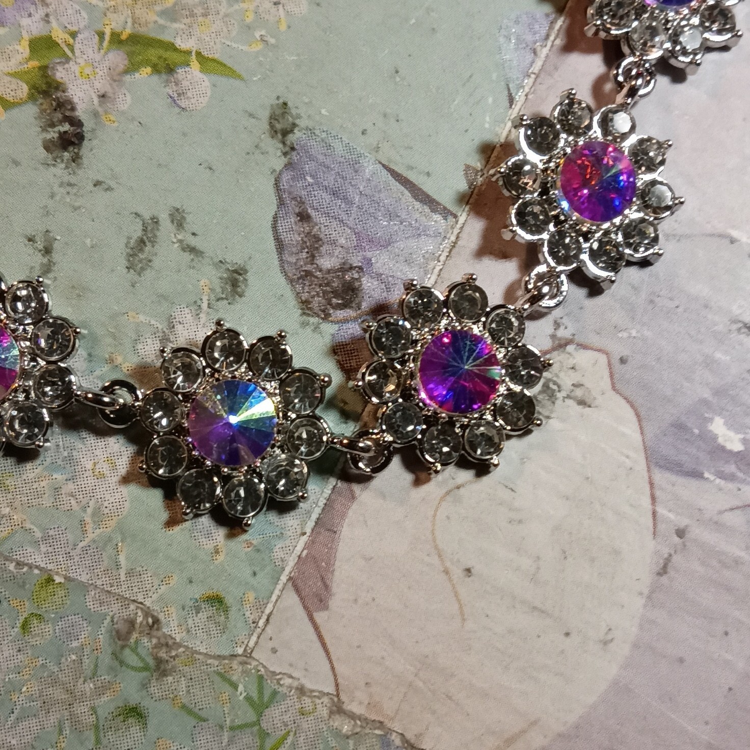 Silver Tone Purple Crystal Rhinestone Flower Station Cable Chain Necklace