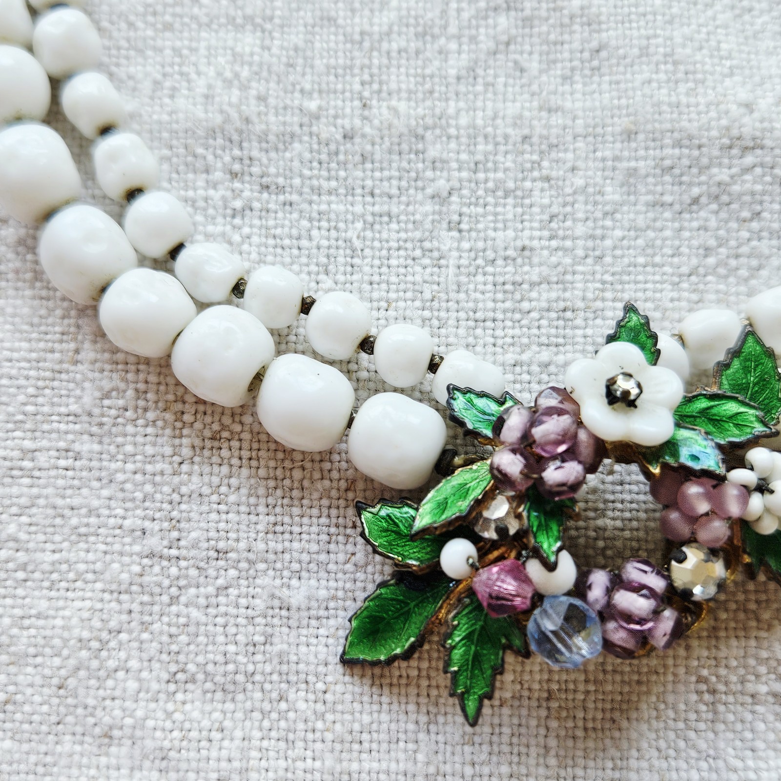Unsigned Miriam Haskell Floral Pendant Double Strand Milk Glass Beaded Necklace
