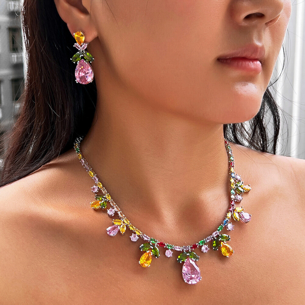 Chic Multicolor Drop Leaf Wedding Necklace Earrings Silver Plated CZ Jewelry Set