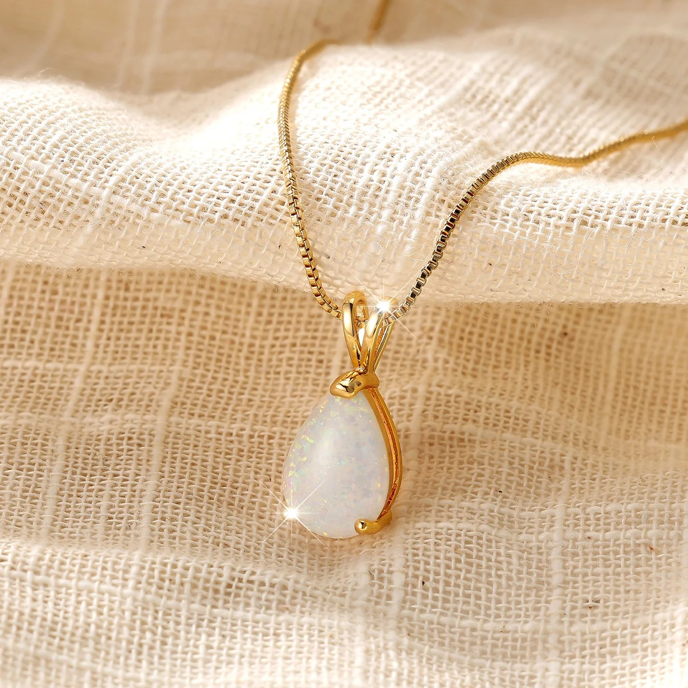 Boho Female White Blue Opal Water Drop Pendant Necklace Gold Color Wedding Jewel