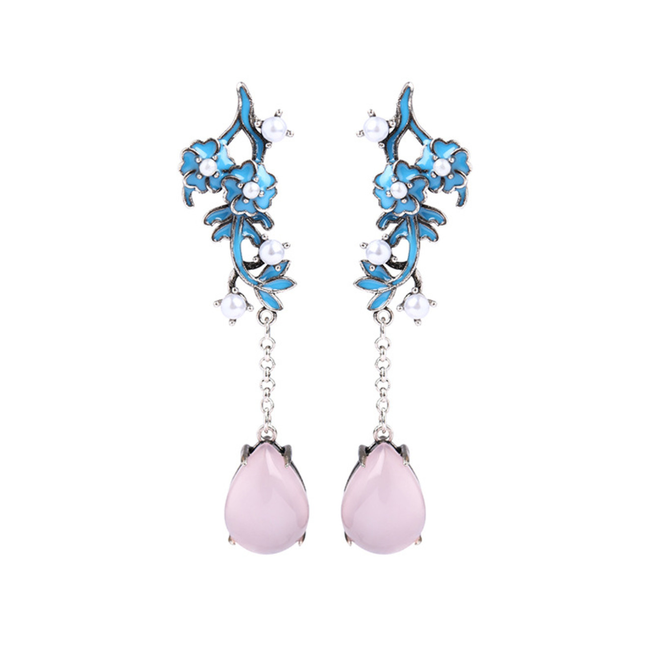 Jade Bohemian Retro Flowers Earrings Drop Dangle 18K White Gold Plated Gemstone