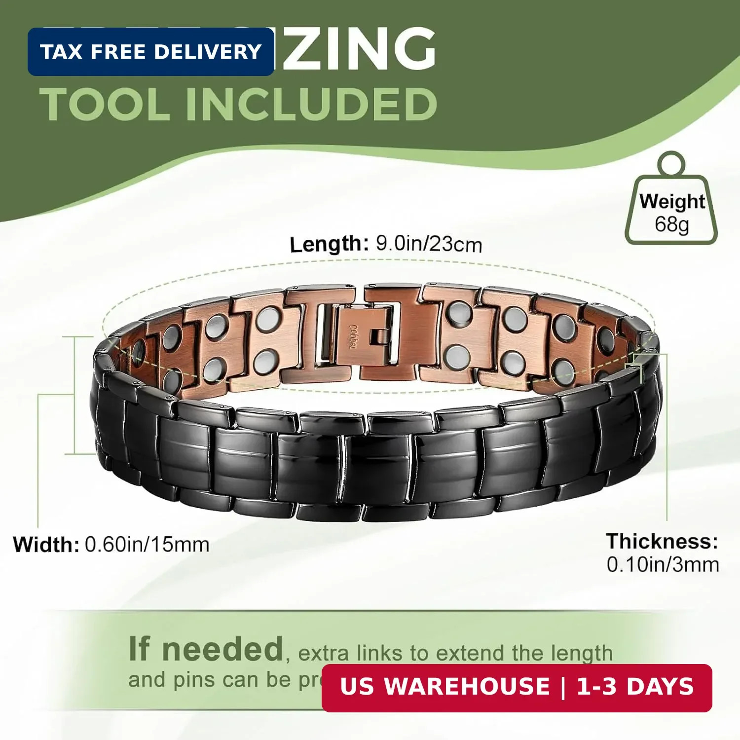 MagEnergy Mens Copper Magnetic Bracelets, 99.9% Pure Copper Bracelet with Double