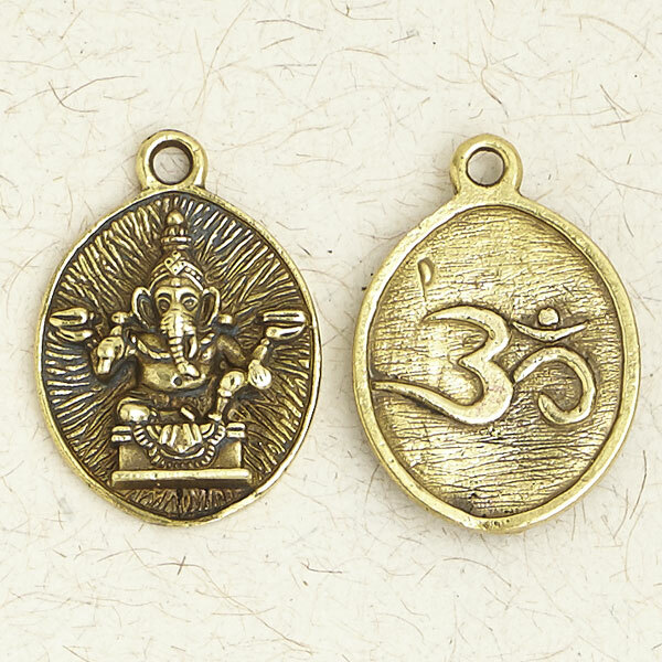 Lord Ganesha w/ Om-Brass/Double-Sided/Hindu/Gold/India/Religion/Pendant/Jewelry