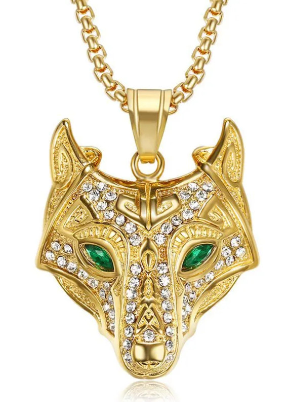 Wolf Head Pendant Necklace Stainless Steel Gold Plated Rhinestone Green Zircon