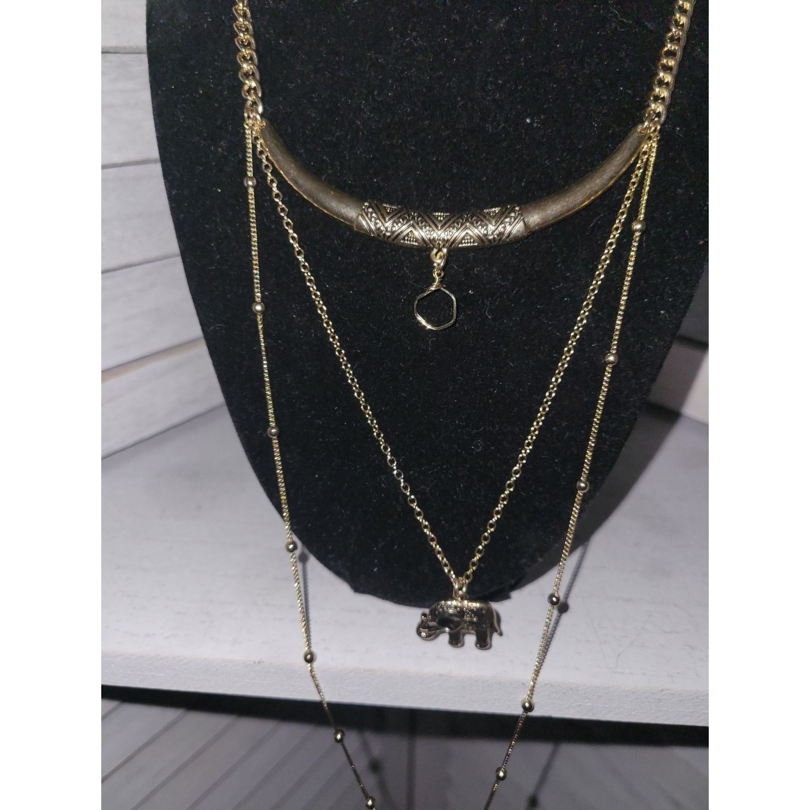 Bansri Boho Gold Tone Layered Elephant and Horn Pendant Necklace Etched Detail