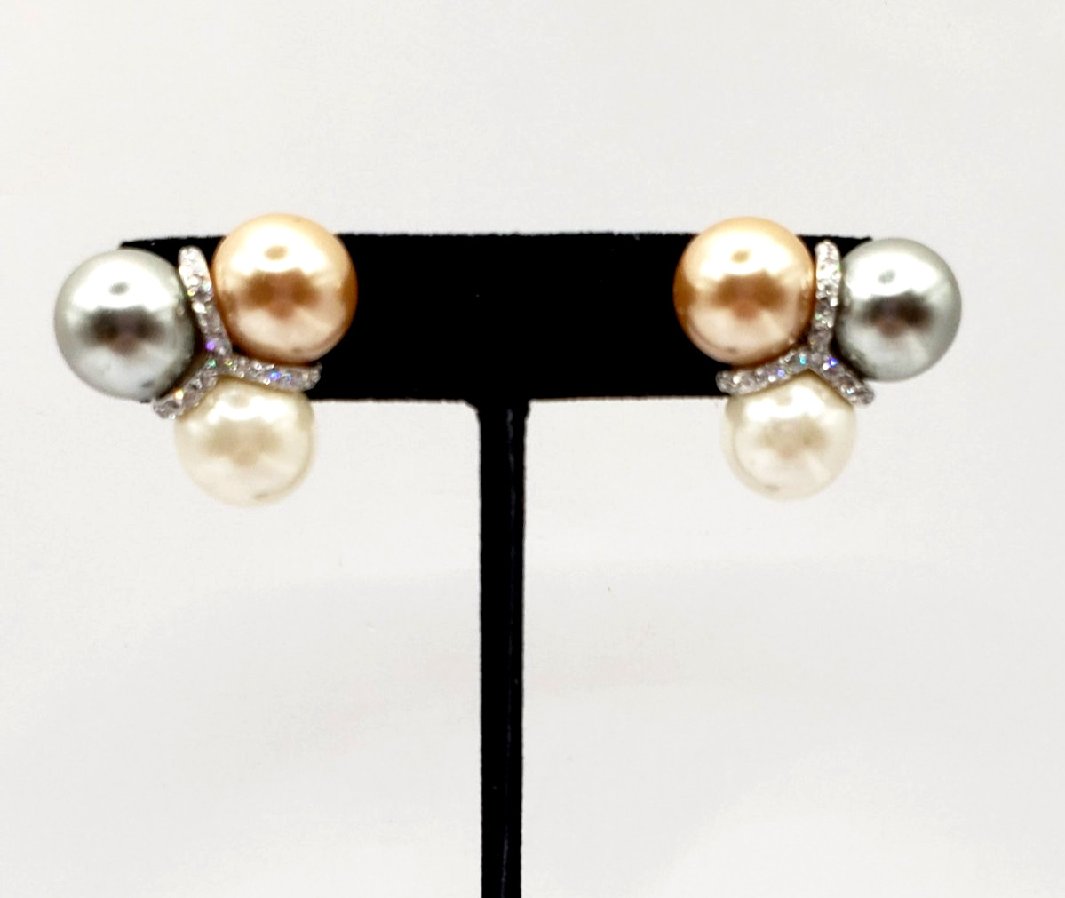 Vintage Silvertone Multi Color Faux Pearl & Crystal Large Cluster Pier Earrings
