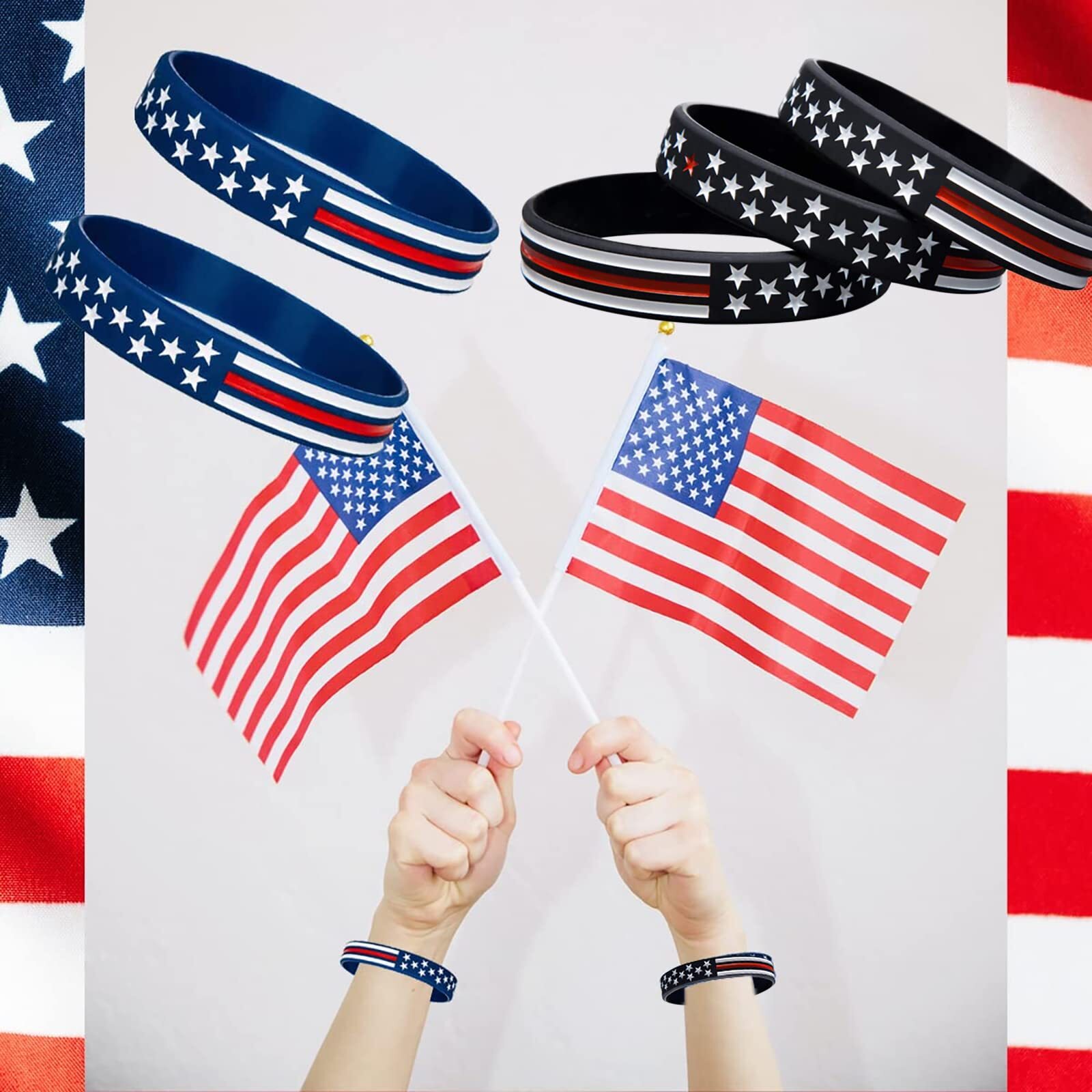 10 Pack American Flag Bracelets -Thin Red Line Silicone Rubber Wristband