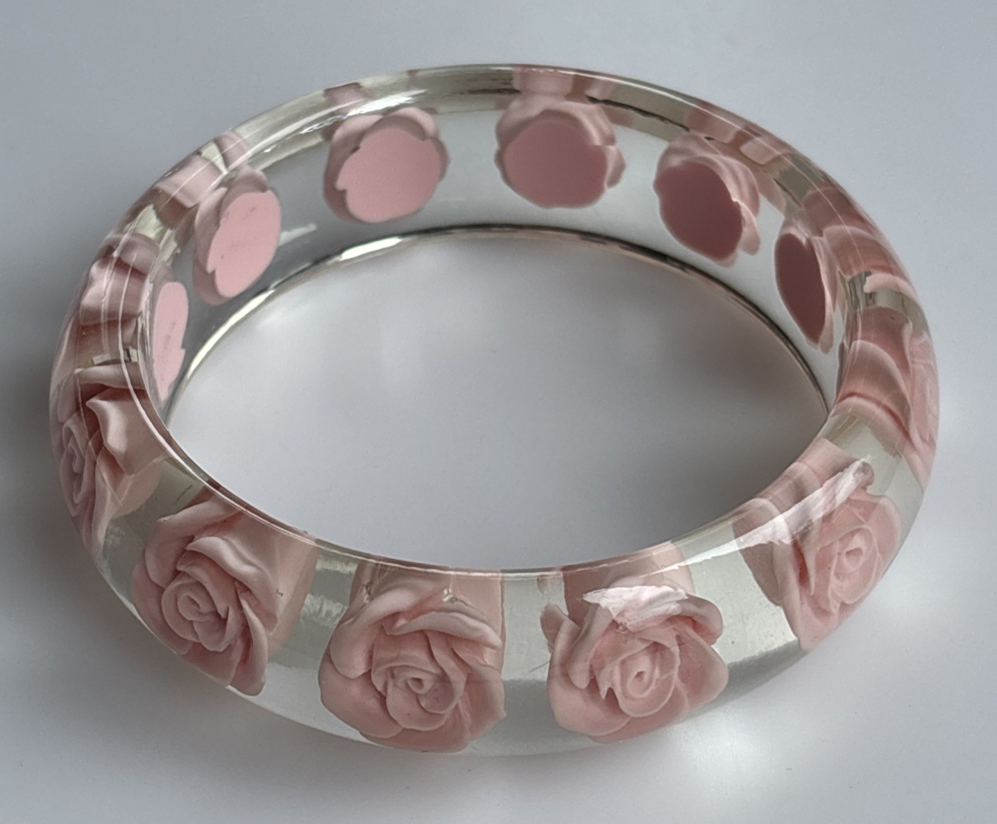 Vintage Lucite Clear Bangle Plastic Resin Pink Embedded Roses