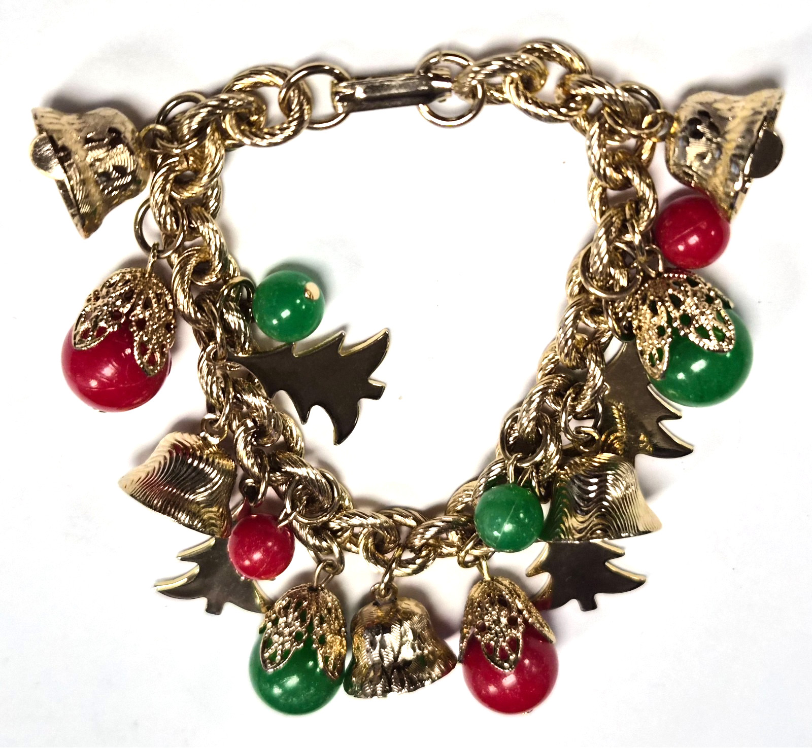 Vintage 70’s Christmas Holiday Bells Charm Dangle Red & Green Link 6.5″ Bracelet