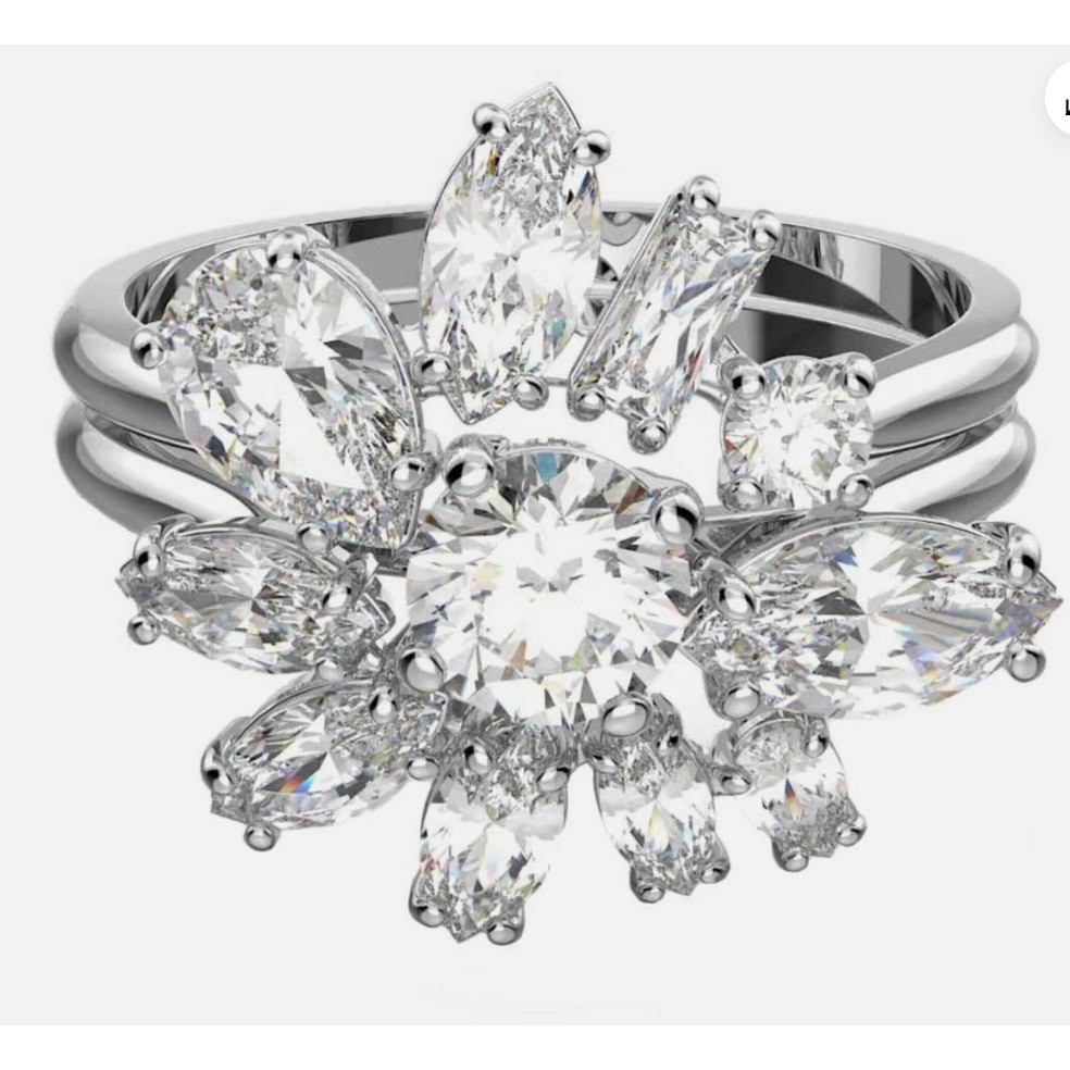 Swarovski Gema Flower Ring Rhodium Plated with Clear Stones Cocktail 58 – USA 8