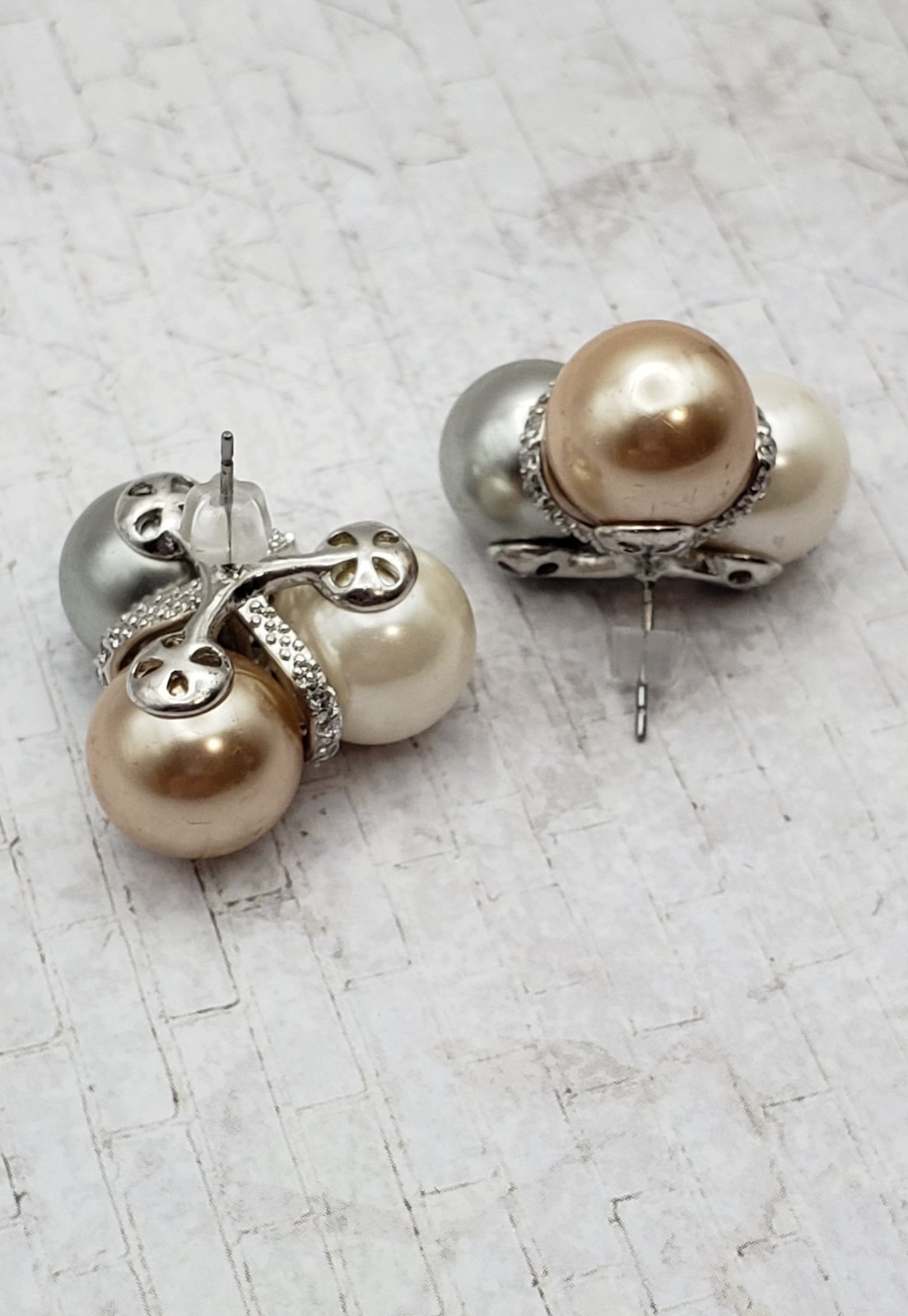 Vintage Silvertone Multi Color Faux Pearl & Crystal Large Cluster Pier Earrings