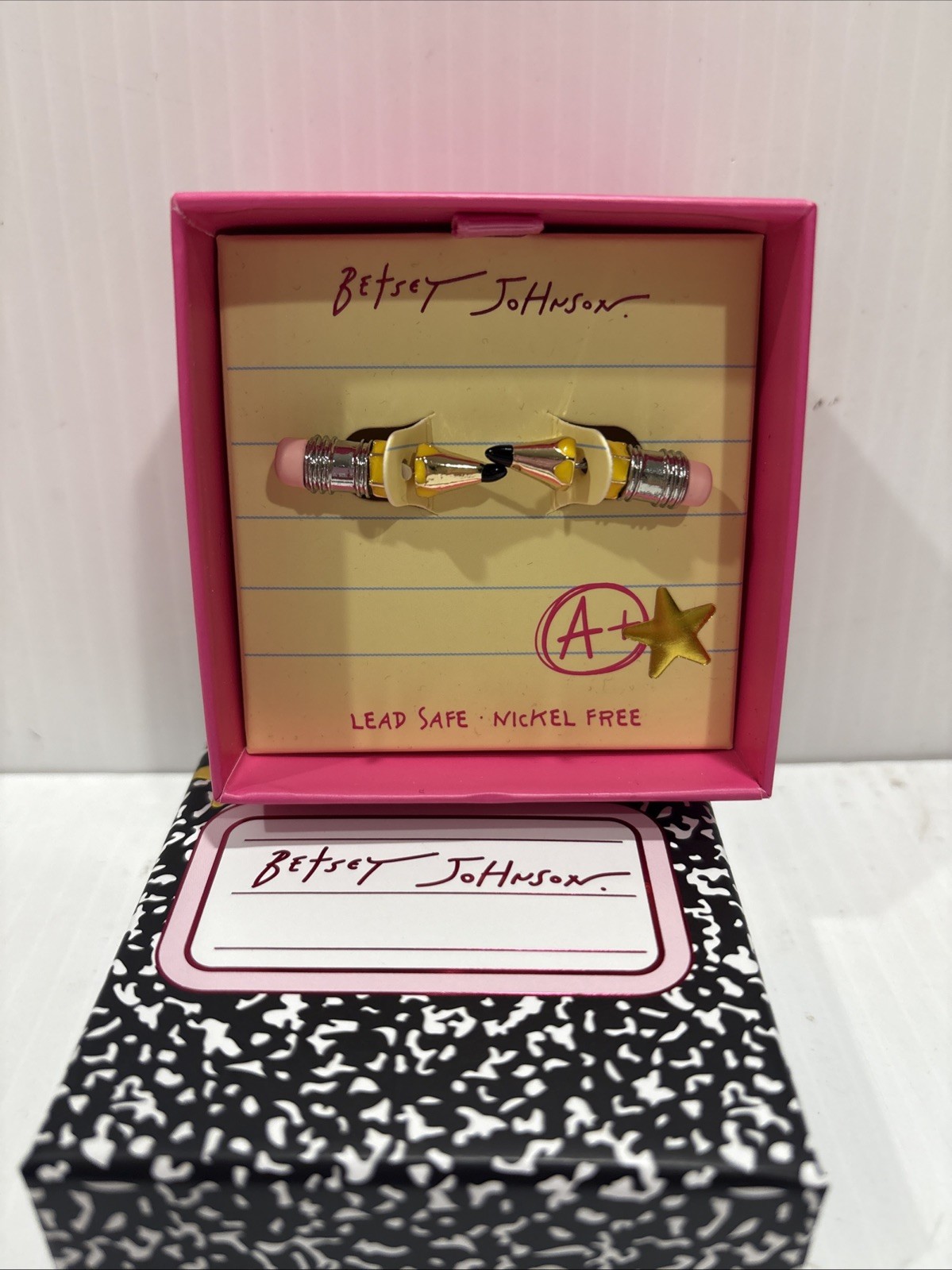 Betsey Johnson Silver Tone & Yellow Enamel Pencil Front Back Stud Earrings NWT
