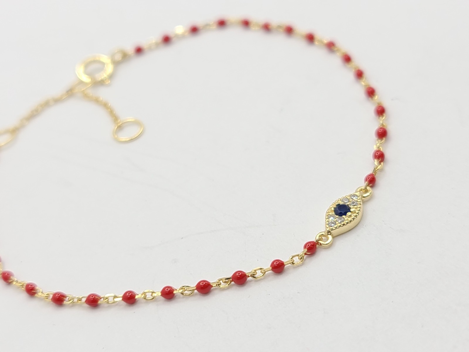 Mini 1.2mm Red Bead 14k Gold Plated Sterling Eye of Evil CZ Bracelet 6″+1″ EXT