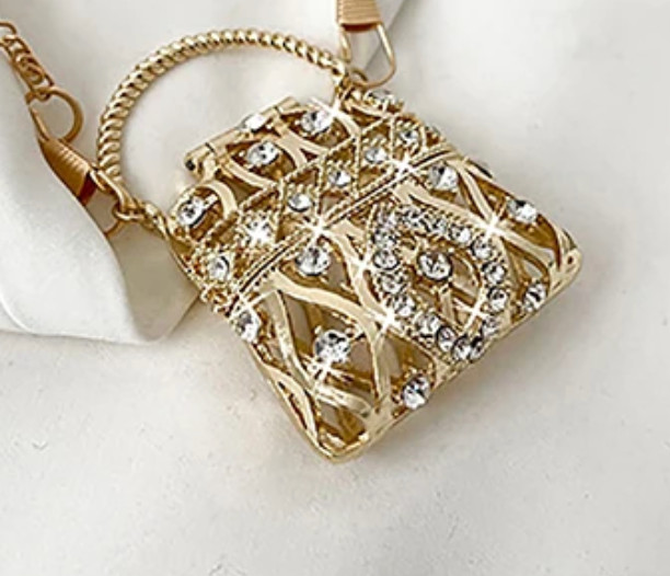 Mini Crystal Purse Pendant Necklace Gold Tone Long Chain Crossbody Handbag Charm