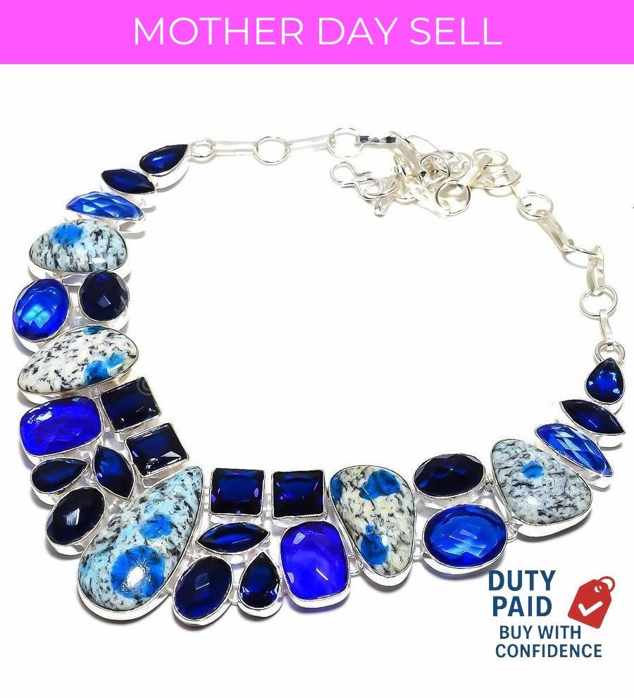 Natural K2 Azurite Wedding Channel Set New Chain Hook Necklace 925 Silver Plated