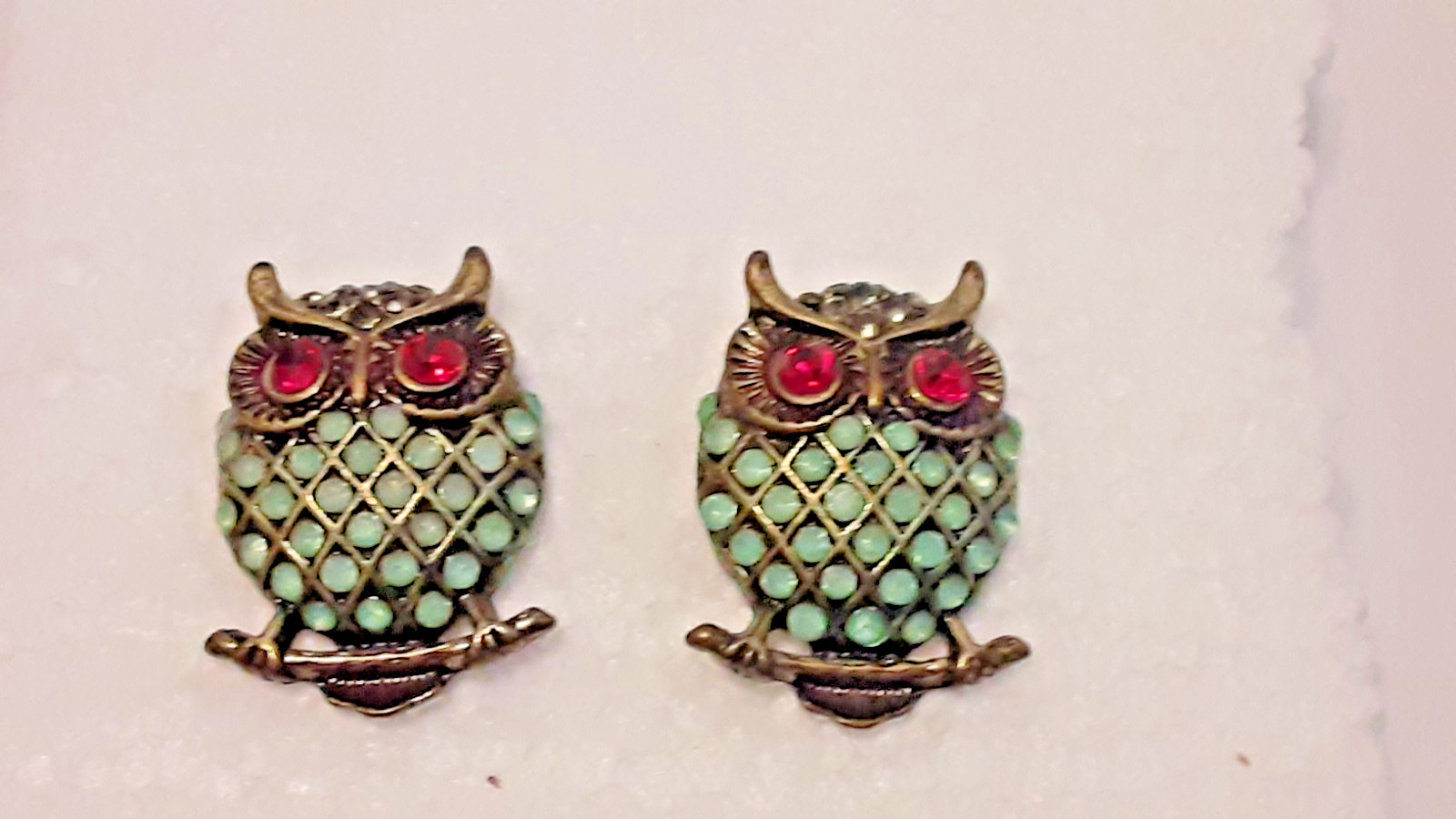 Owl Earrings Pierced Vintage RS blue Red Clear Gold Tone 1″ x 3/4″ Good Quality