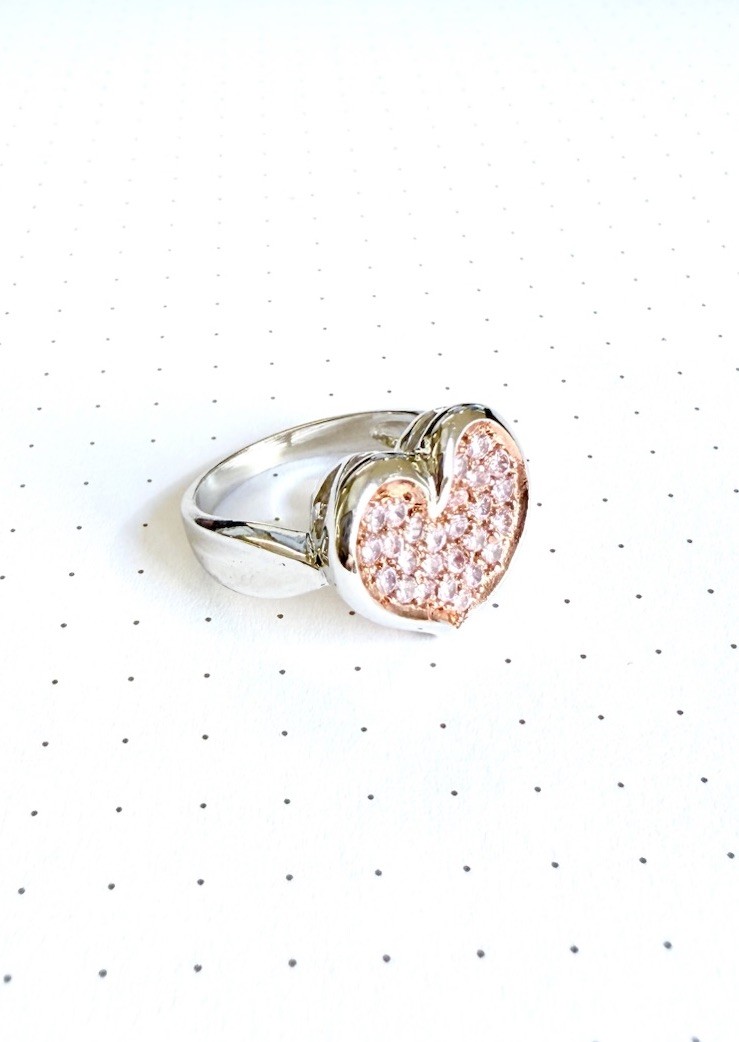 (SIZE 6,7,8,9) Champagne HEART RING Lite Pink CZs & Filigree 925 STERLING SILVER