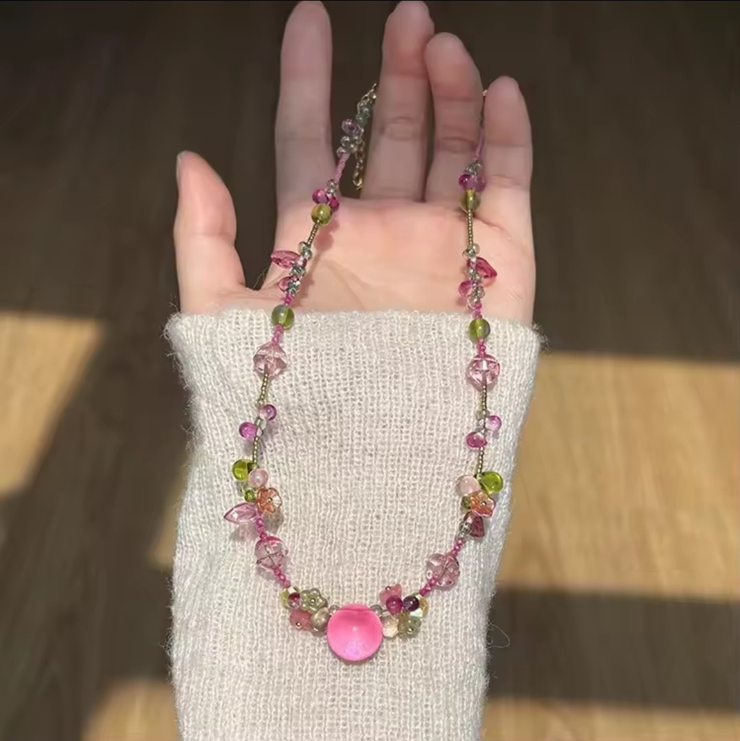 Pink Green Glass Beaded Necklace Round Pink Glass Charm Pendant