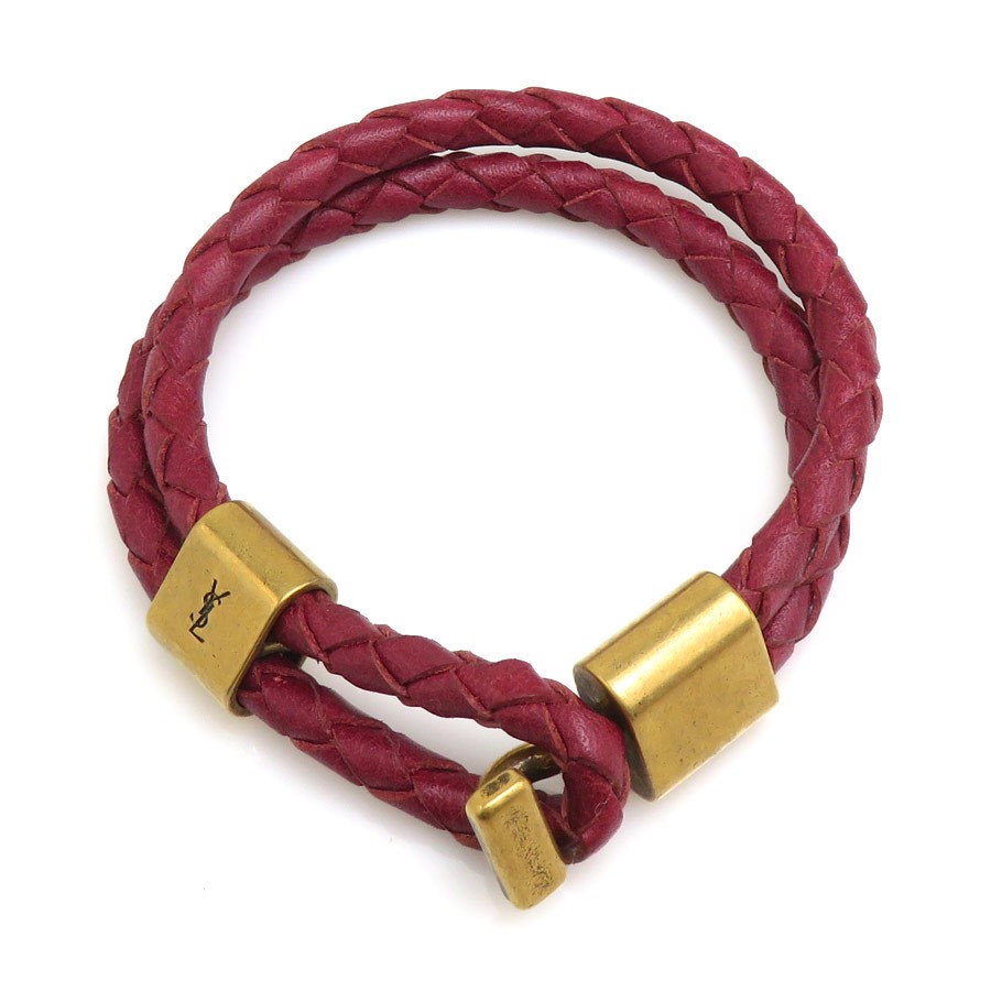 Auth SAINT LAURENT Bracelet Bordeaux/Gold Leather/Metal – r11338a