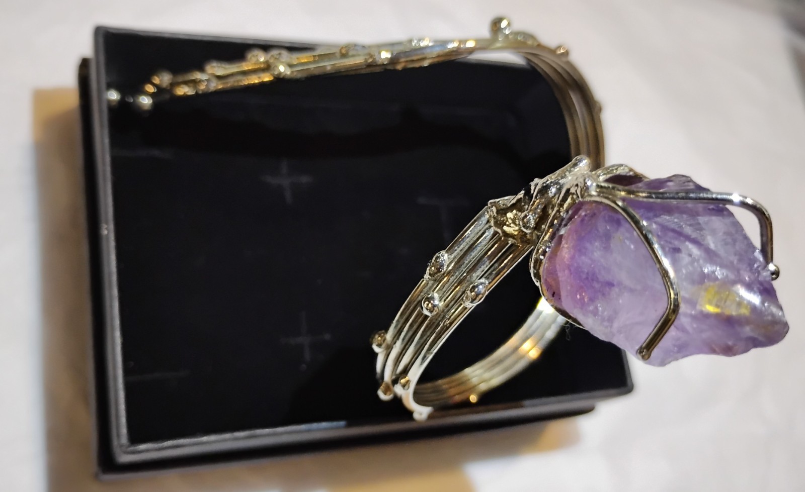 Raw Amethyst Point Silver Tone Brutalist Sculptural Wrap Bracelet