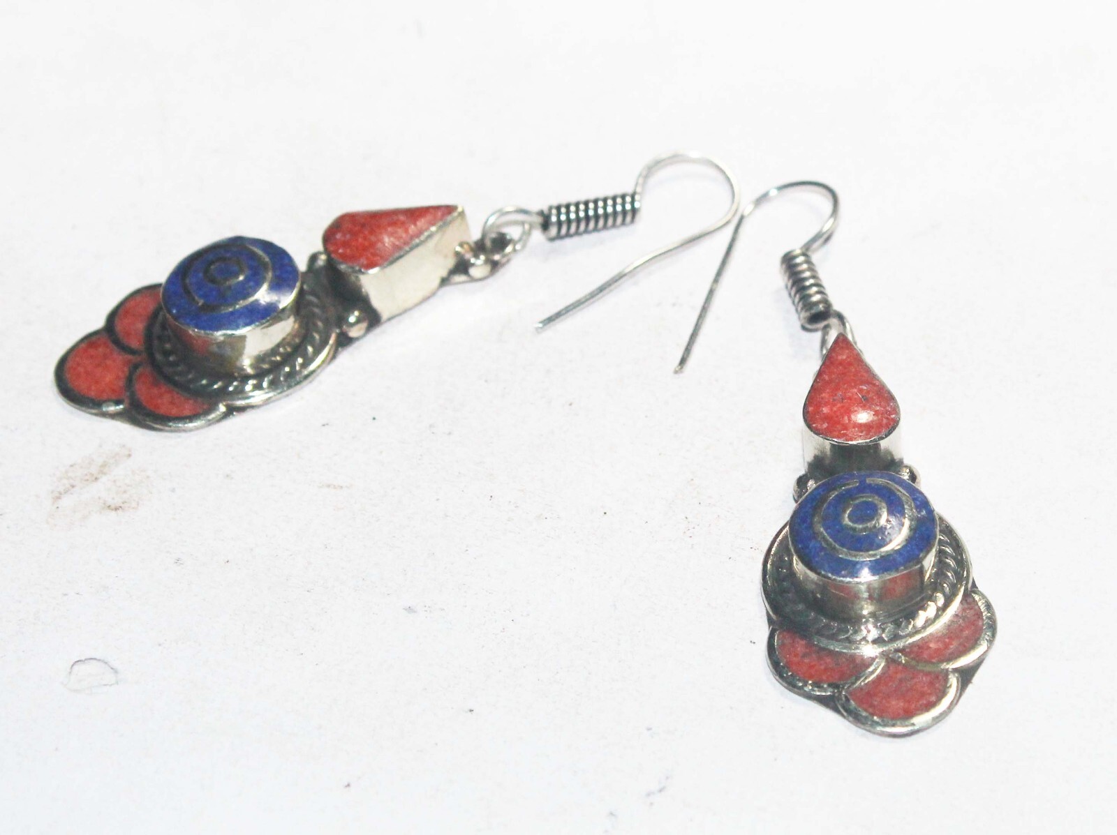 Tibetan Red Coral Lapis Gemstone Handmade Nepali Earring Jewelry Size 1.5 Inches