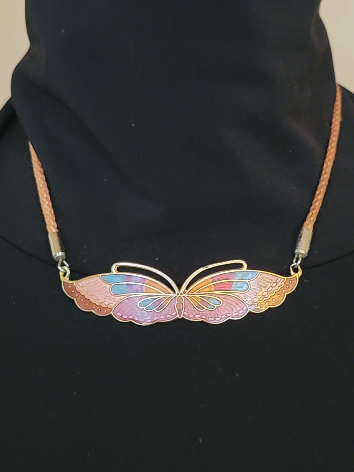 Cloisonne Enamal Multi Color Butterfly 1970/80s Corded Necklace