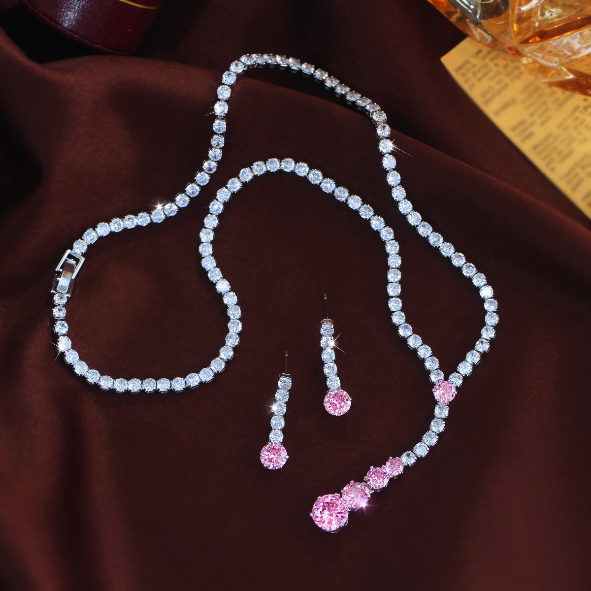 Women Stylish Long Drop Necklace and Earrings Silver Plated Round CZ Jewelry Set