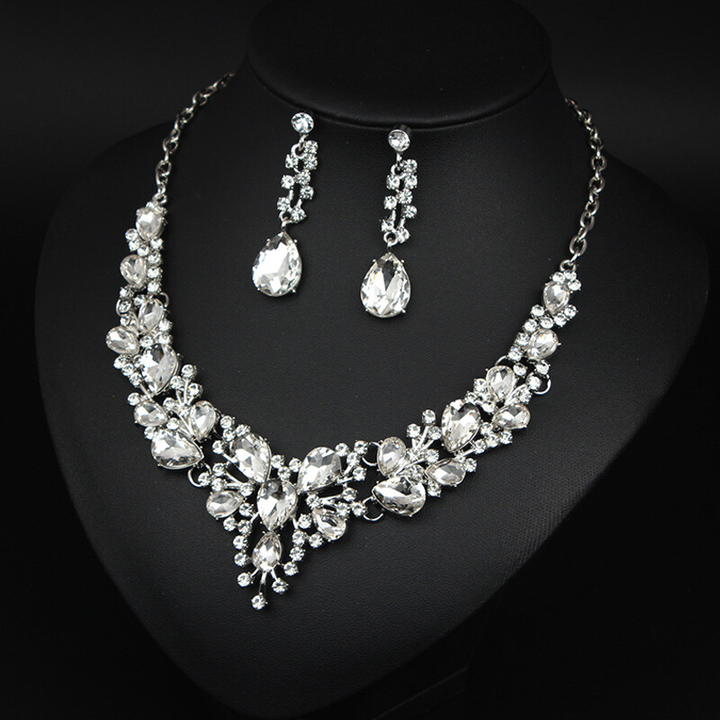 Crystal Gem Necklace Earrings Bridal Jewelry Set Statement Christmas Party Gift