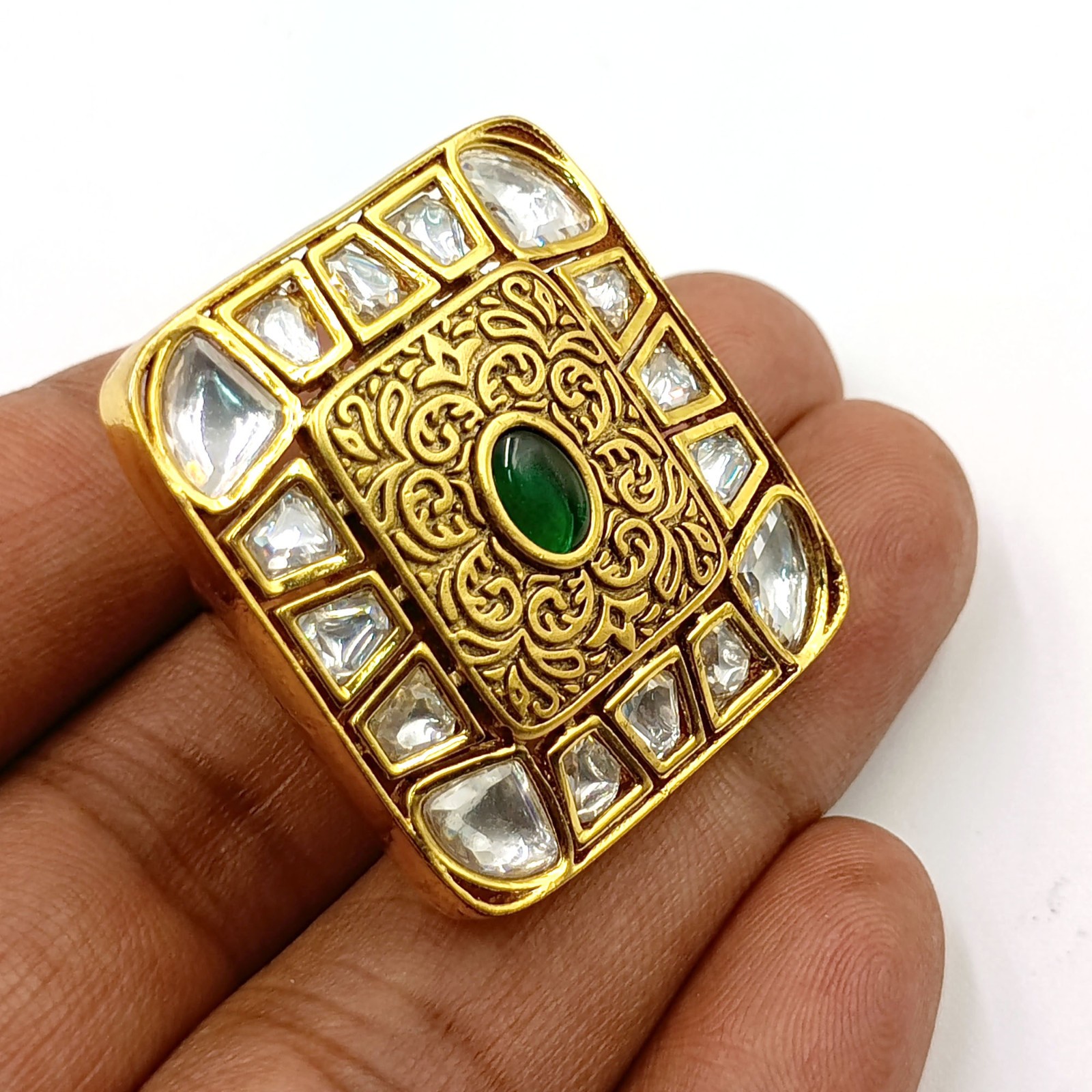 Traditional South Indian Kundan Polki Ring Green Stone CZ Handmade Gift Women