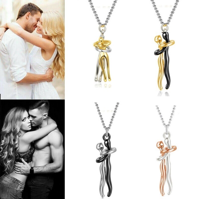 Love Hug Pendant Necklace Two Toned Affectionate Couple Hug Valentine’s Necklace