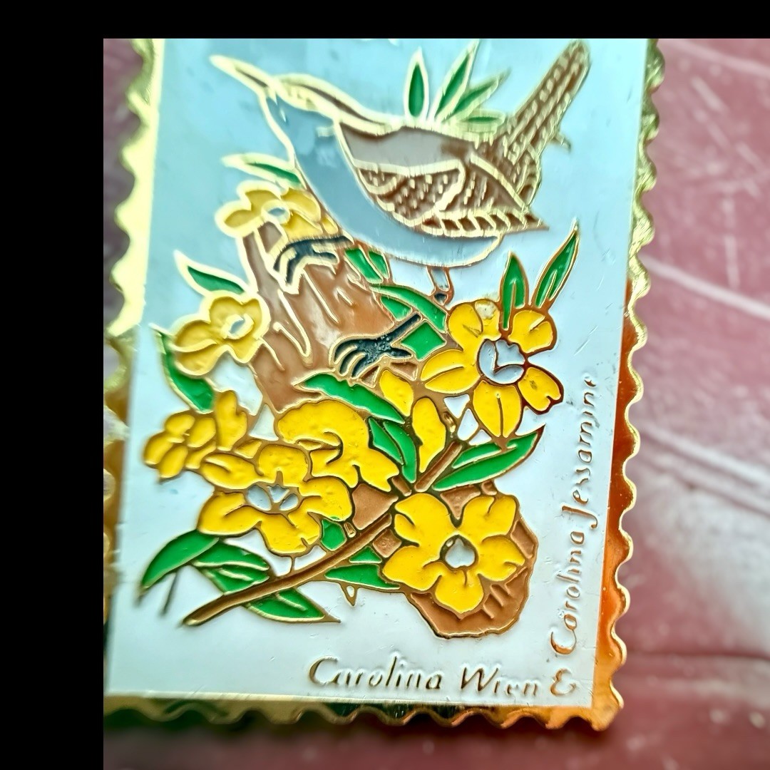 Vintage USPS South Carolina Stamp Pin Carolina Wren Jasmine Enamel 20c Lapel Pin