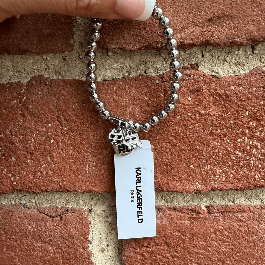 Karl Lagerfeld Paris Beaded Charm Stretch Bracelet Rhodium Zinc Brass OS NWT