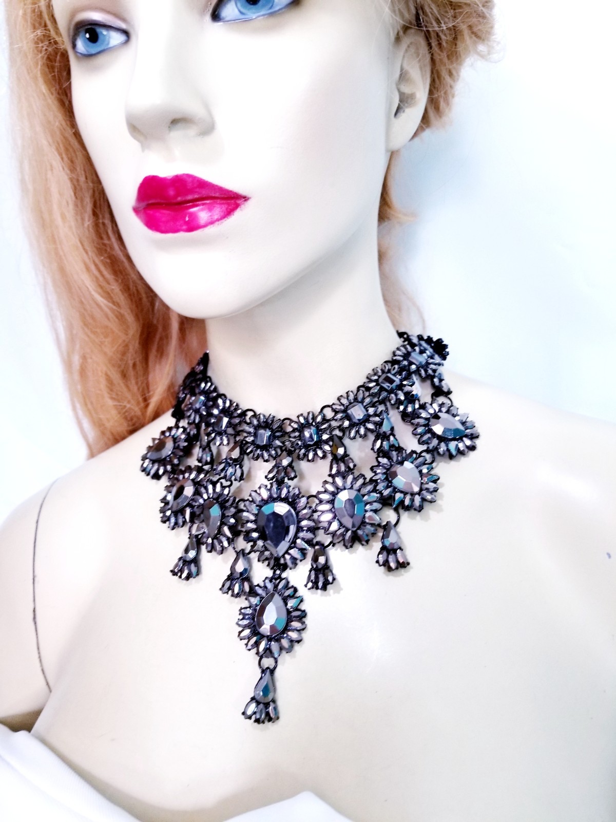 Charcoal Gray Statement Choker Rhinestone Necklace Bridal Prom Pageant Gothic