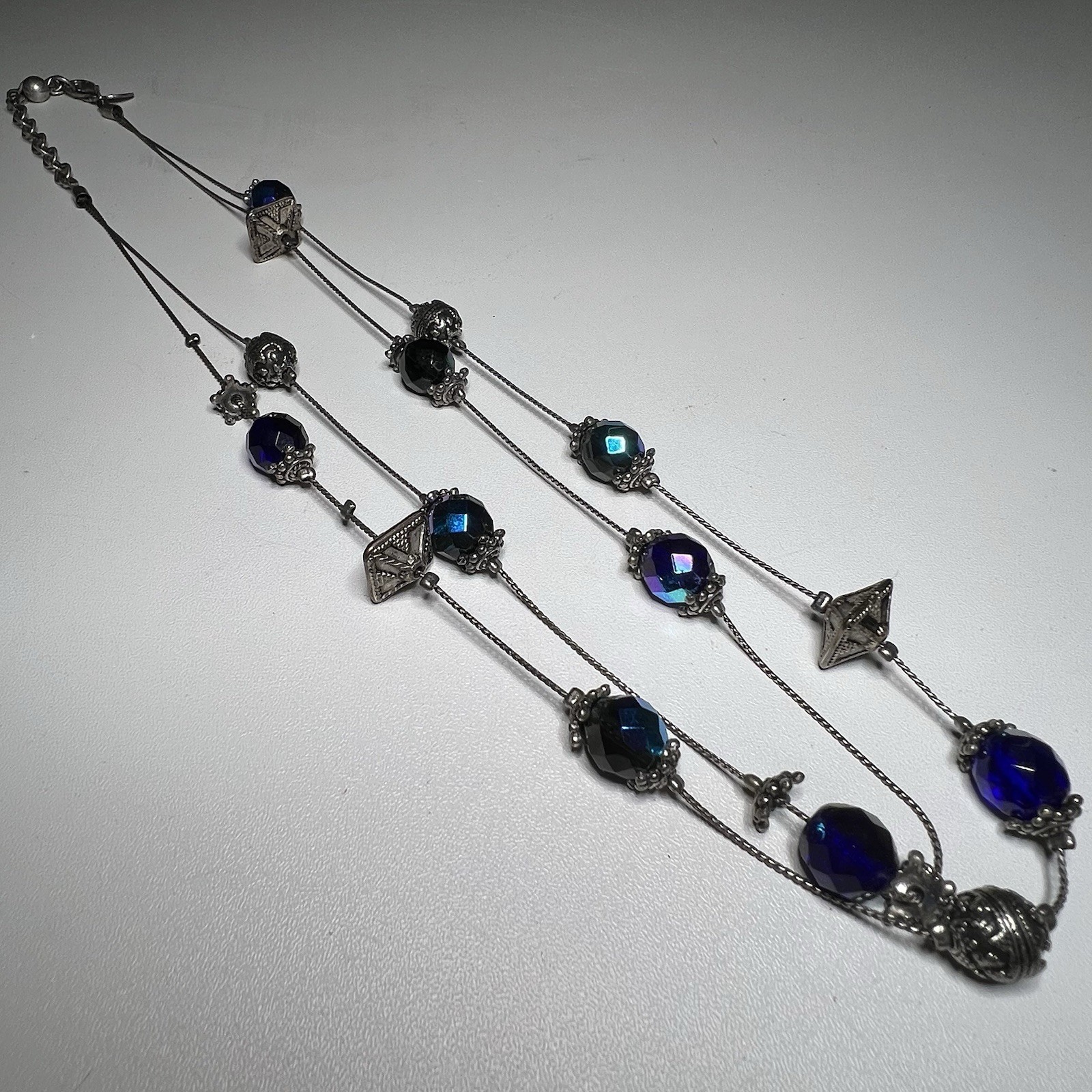 Chico’s Blue Stone Silver Tone Bead Necklace 3 Strand 18″ Long 2.5″ Extender