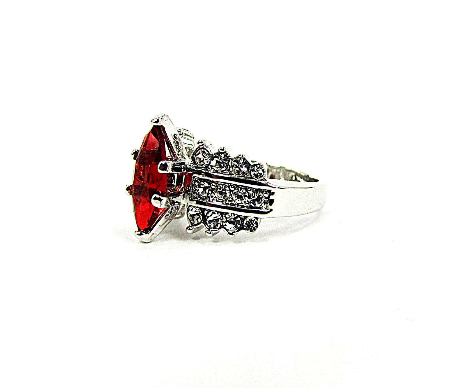 Red Marquise Cubic Zirconia Stone Fashion Ring with Clear CZ Stones on sides NEW