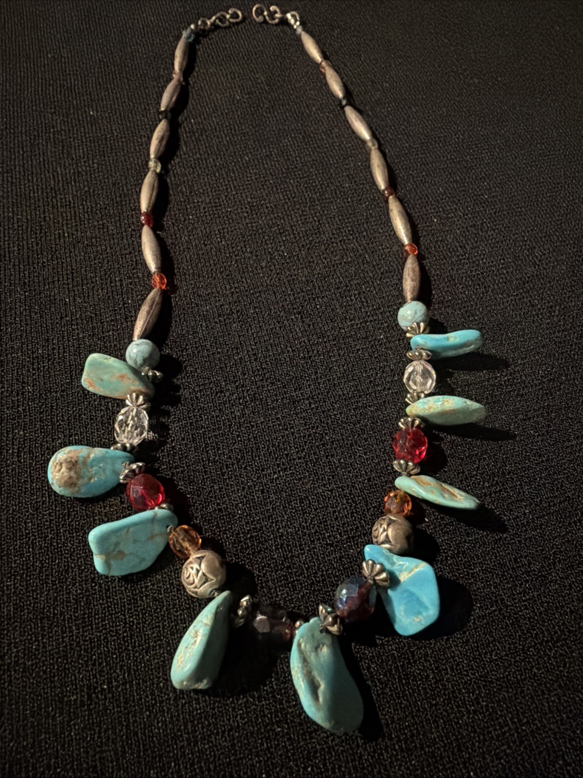 Turquoise Oval Bead Necklace w/ Coral Accents Ball/Bead Chain Silver Lobster