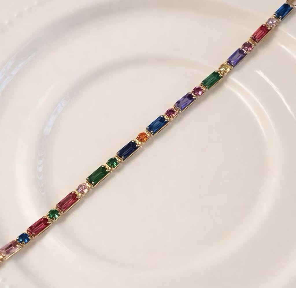 Rainbow Baguette Bracelet,Colorful CZ Bracelet,Birthday Gift for Her, BR036