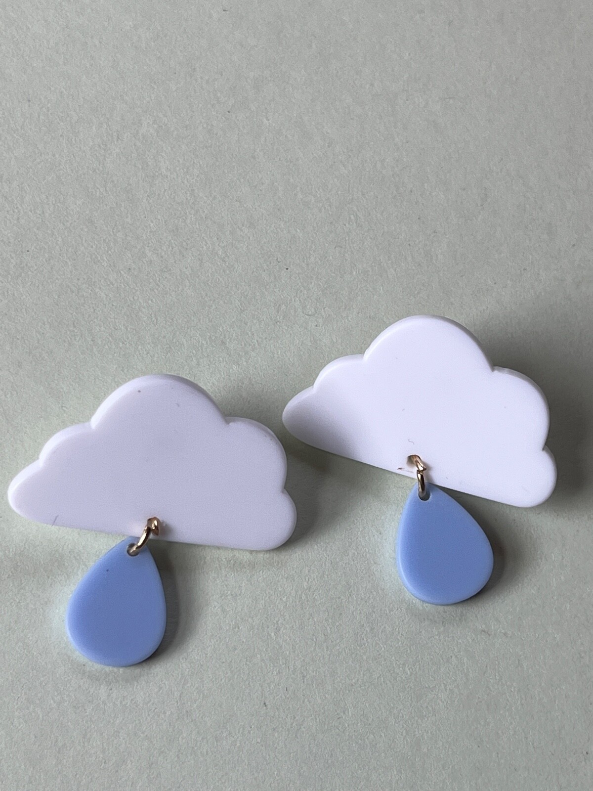 White Plastic Cloud w Light Blue Teardrop Raindrop Dangle Post Earrings for Pier