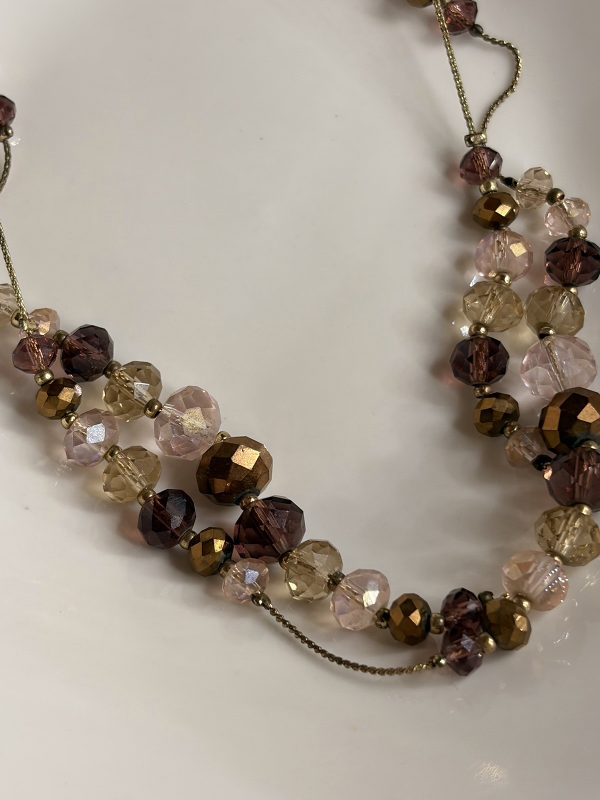 Swarovski Crystal Bead Necklace Amethyst Champagne Bronze Tones 35”