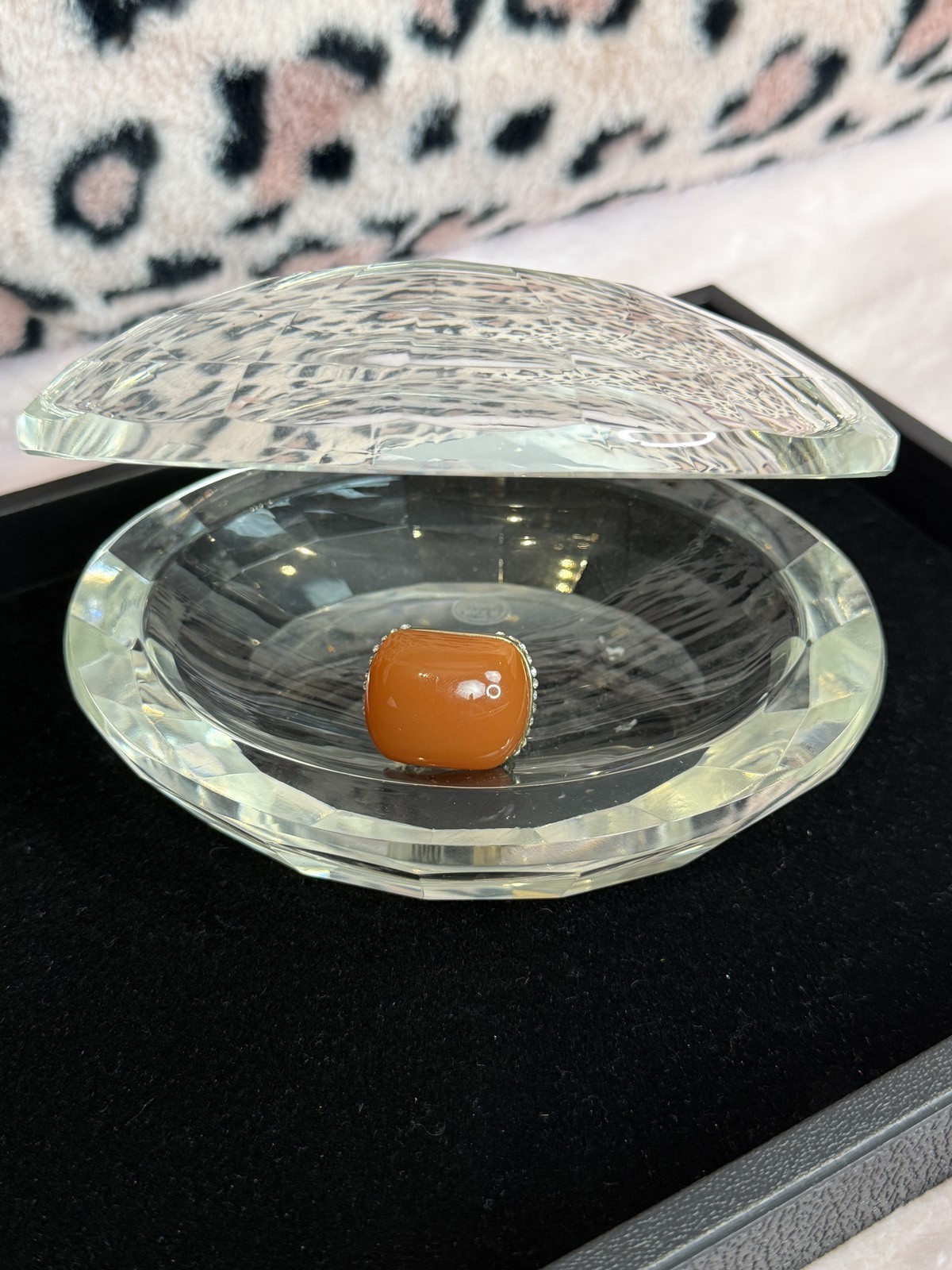 Orange Cabochon Gold Tone Cocktail Ring Rhinestone Halo Chunky Statement