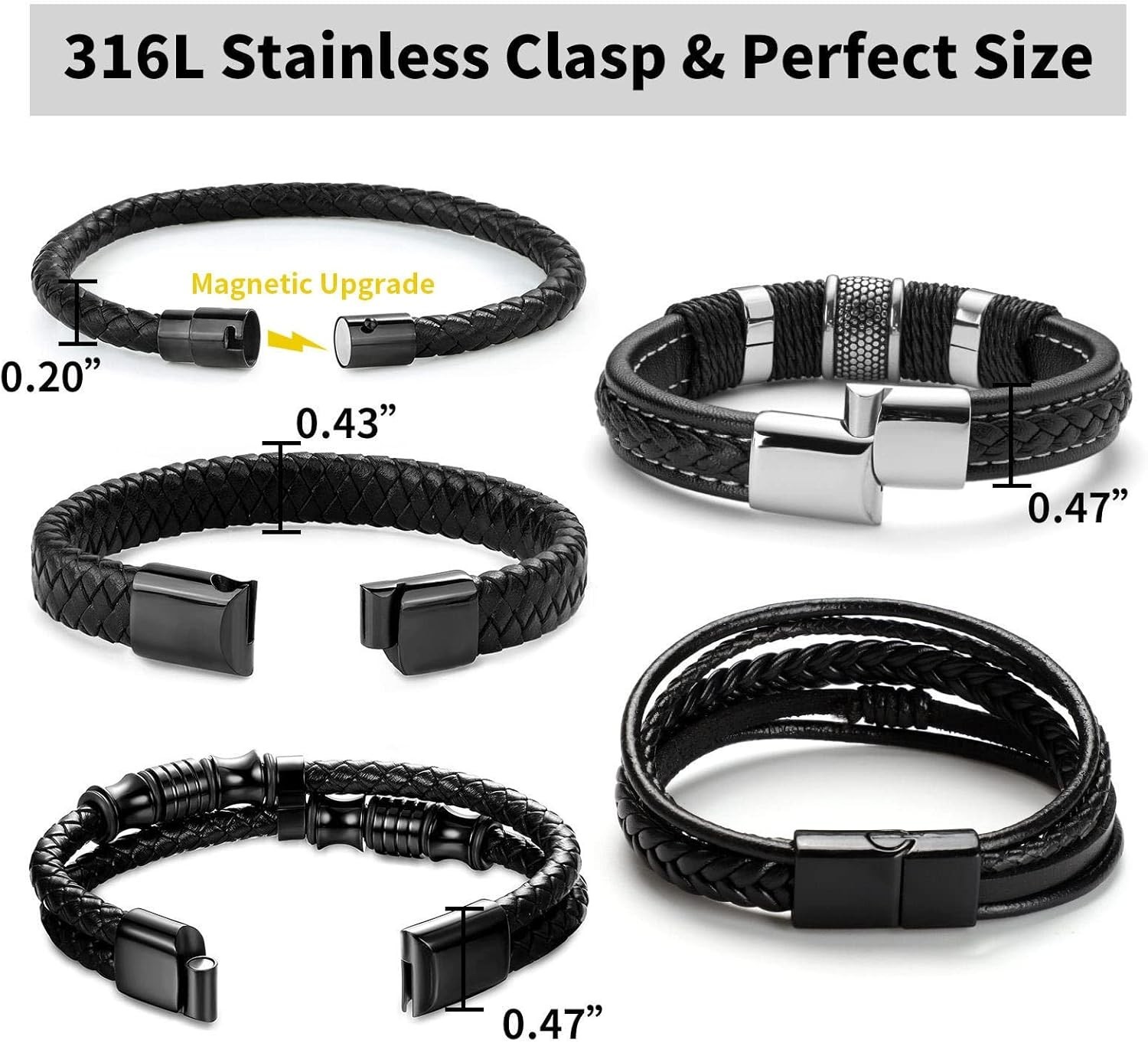Adjustable Leather and Stainless Steel Bracelets