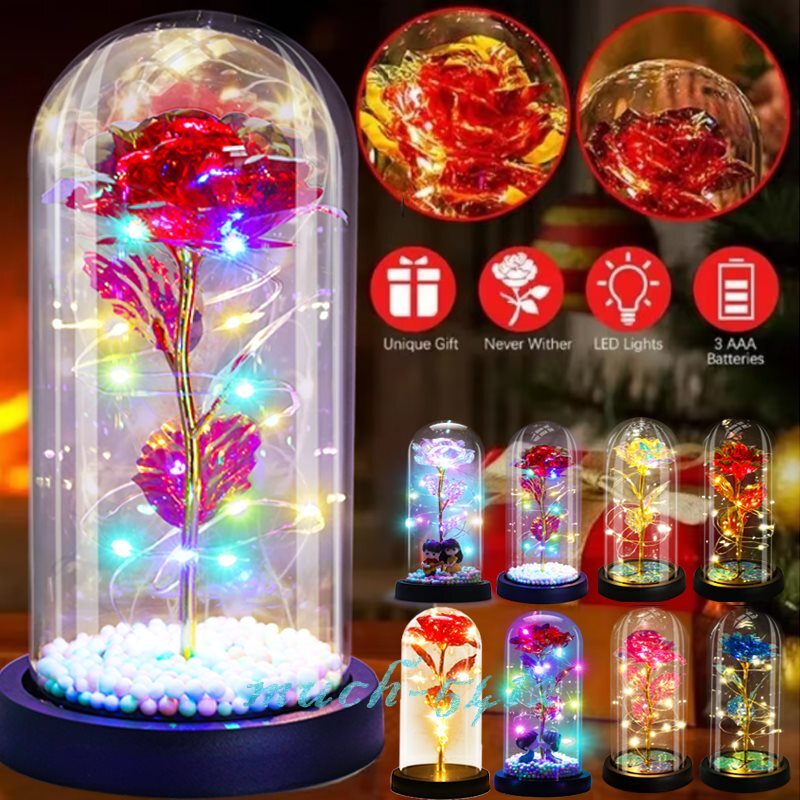 Preserved Eternal Gold Foil Rose In Glass Galaxy Flower Dome LED Light Gift Her