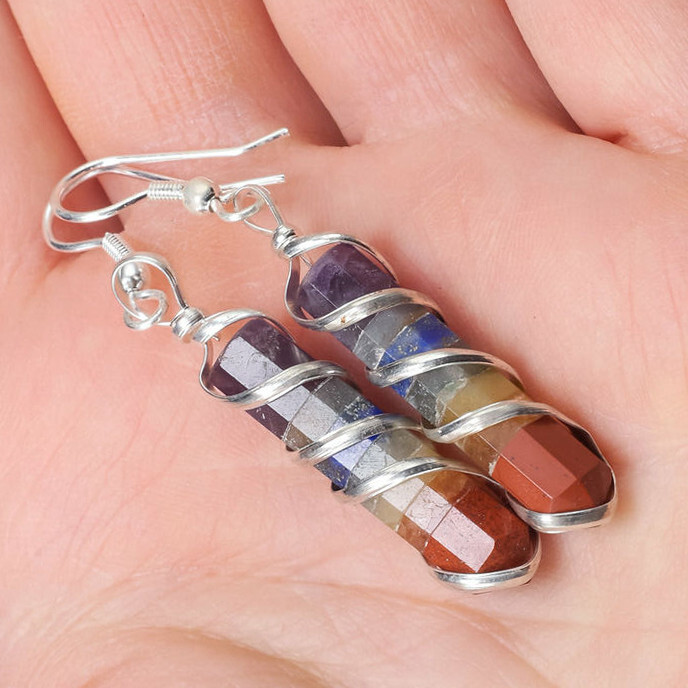 7 Chakra Gemstone Point Earrings Rainbow Crystal Earring for Reiki Energy Heal