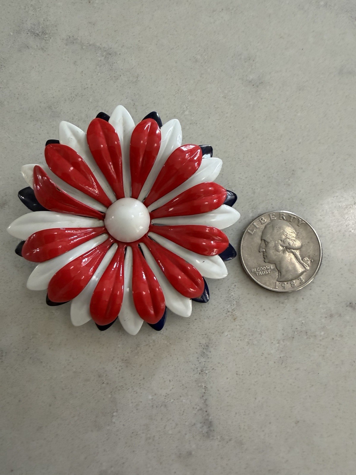 Red White Blue Flower Brooch Pin Enamel Metal Floral Theme No Stone
