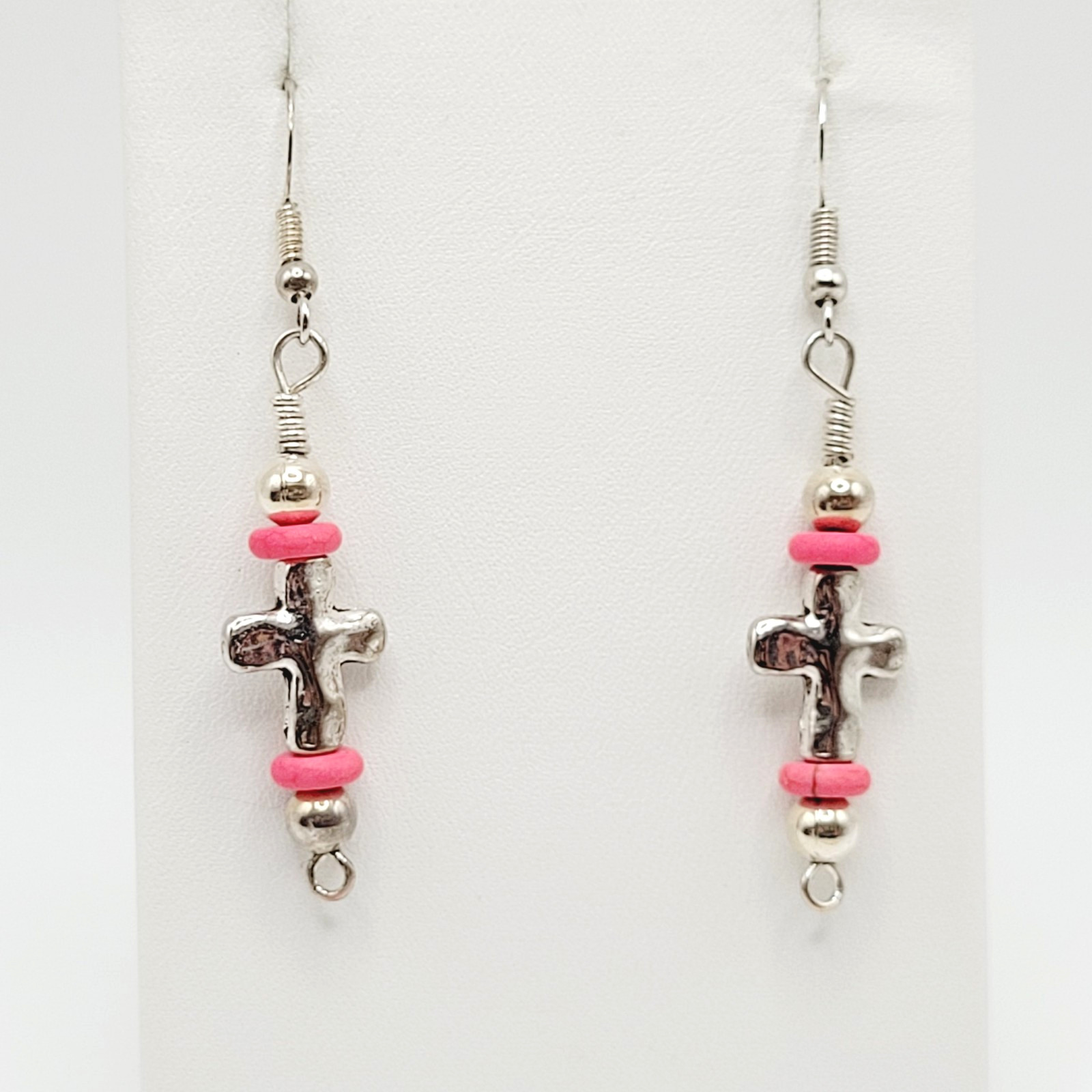 Southwestern Silver Tone Cross w Pink Ceramic Bead Metal Hook Pierced Earrings
