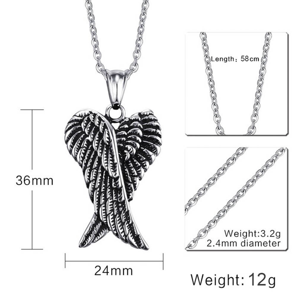 Gothic Double Angel Wings Pendant Necklace Antique Silver Tone w 23″ Link Chain