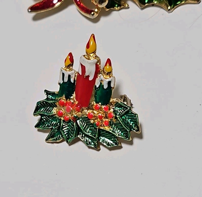 Christmas Brooch Pins Goldtone Rhinestones Enamel Holiday Jewelry