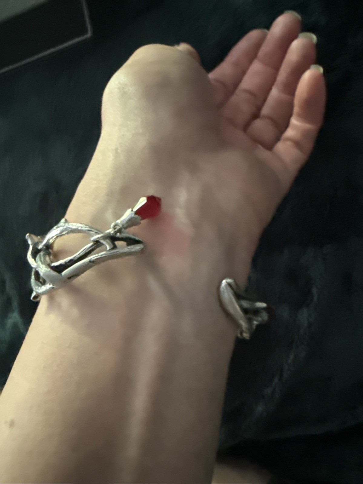 Gorgeous Gothic Silver Thorn & Red Crystal Blood Drop Cuff